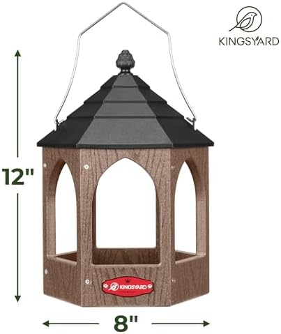 Kingsyard Platform Bird Feeder for Outdoor Hanging - Gazebo Style Recycled Plastic Wild Bird Feeding Station with Rain-Proof Roof & Metal Mesh Tray. Brown