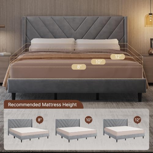 Yaheetech King Bed Frame with Chevron Channel-Tufted Headboard, Light Gray