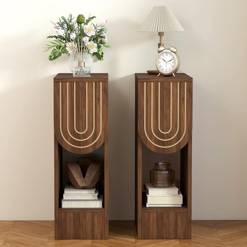 weselon Narrow Nightstands Set of 2, Mid-Century Modern Bedside Table with Carved Drawer and Storage Shelf, Farmhouse Slim Side End Table for Bedroom, Small Space (2, Walnut)