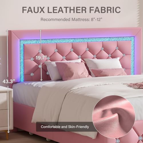 BarnFurin Twin Bed Frame with LED Lights and Diamond Tufted Headboard,Pink