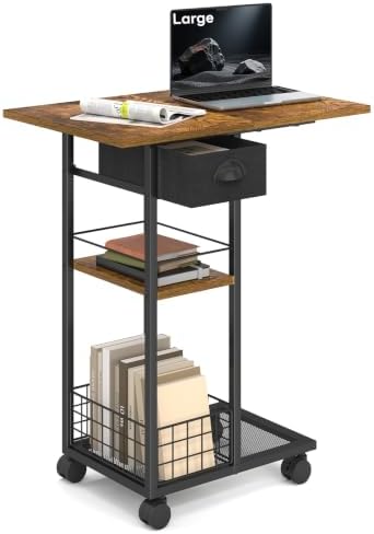 C Shaped End Table, TV Tray Table with Wheels, Drawer and Storage Basket