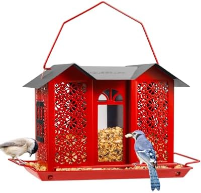 HouseSapp Bird Feeders for Outdoors, Metal Mesh Wild Bird Feeder with Triple Feeders for Finch Cardinal Chickadee, Large Capacity, Weatherproof and Durable, Red