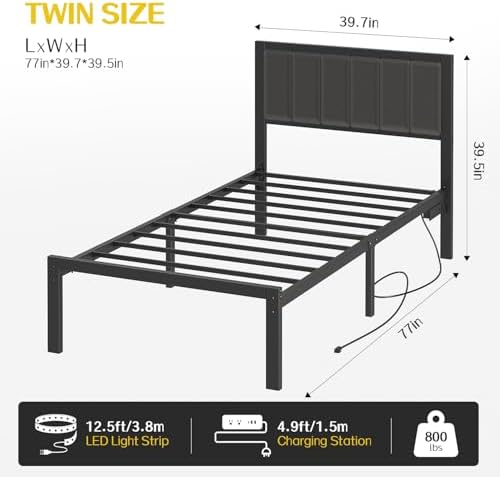 OLEVS Twin Bed Frame with Headboard, Smart LED & Charging Station