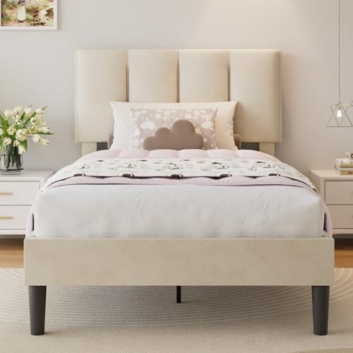 VECELO Twin Size Bed Frame with Upholstered Headboard, Pale Beige