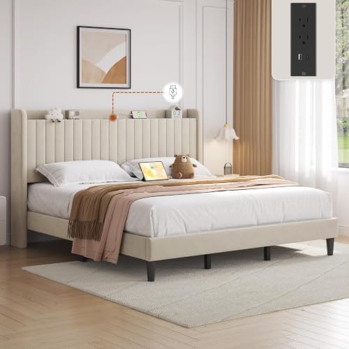 Yaheetech King Bed Frame with Channel-Tufted Storage Headboard, Beige
