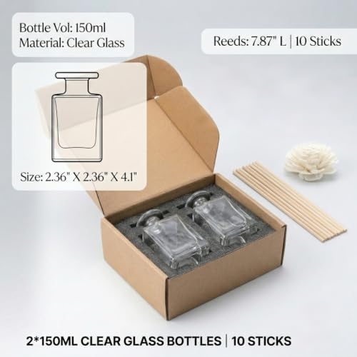 2 Pack 150ml Glass Reed Diffuser Container with Reed Sticks, Empty Essential Oil Diffuser Jars with Protective Packaging for DIY Home Fragrance, Bathroom, Bedroom and Office Decor(2, Clear)