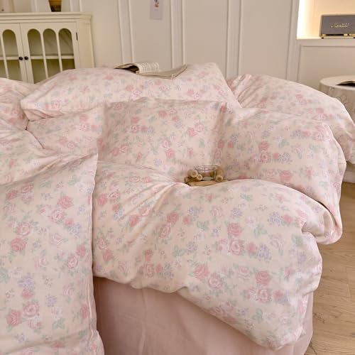 HighBuy Cotton Muslin Duvet Cover Twin XL Size for Teen Girls,Cottagecore Pink Floral Print Bedding Set 3 Pieces,Soft Breathable Princess Gauze Cotton Comforter Cover for Girls Kids Toddlers
