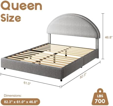 REVOMINCA Queen Bed Frame, Upholstered Platform Bed with Headboard, Boucle Bed Frame with Round Corner, No Box Spring Required, Easy Assembly, Grey