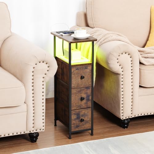 LOAKEKEL Narrow End Table with Charging Station, Small Nightstand