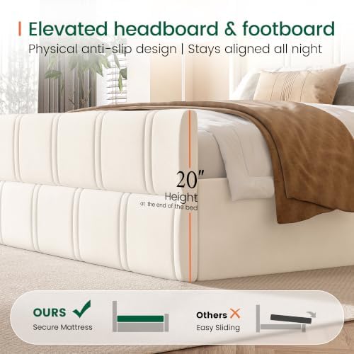 LARMACE 55.1" Tall Headboard Queen Size Bed Frame, 2 Reading Lights, Beige