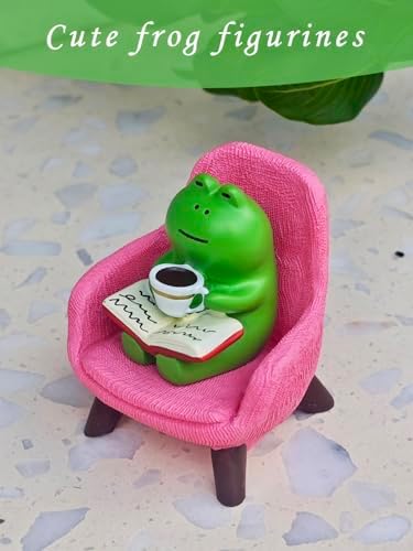 Miniature Frog Figurine Reading Book & Drinking Coffee on Pink Sofa - Cute Resin Desk Decor for Office & Home, Book Shelf Decor, Unique Gift for Frog Lovers