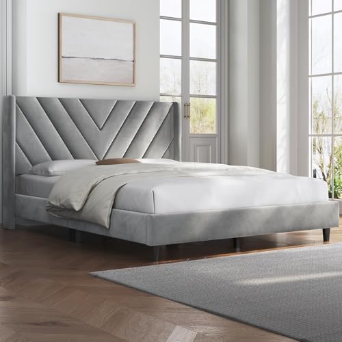 Yaheetech Queen Bed Frame with Chevron Channel-Tufted Headboard, Light Gray
