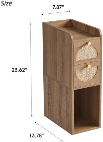 Narrow Nightstand (Rattan & Wood) - Small Bedside Table with 2 Drawers, Open Shelf, Mid Century Modern End Table - for Bedroom, Living Room & Small Spaces, Rustic Oak Rattan