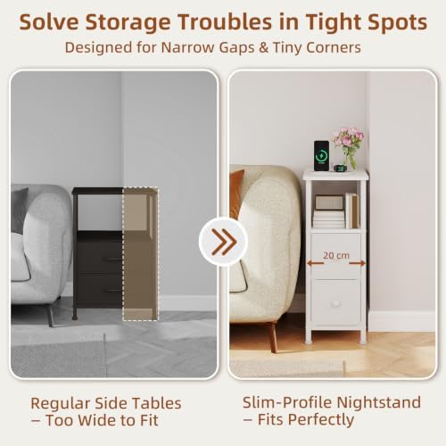 Somdot Narrow End Table Set of 2, Charging Station, Side Table, 2 Drawers