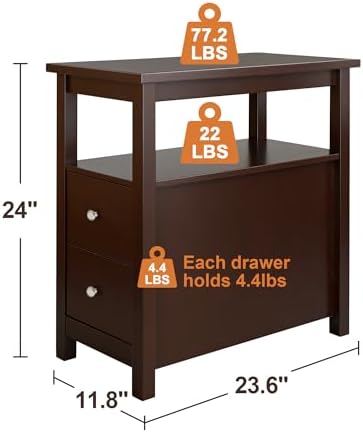 SUPER DEAL End Table Set of 2, Slim Side Table with 2 Drawers and Storage Shelf, 3 Tier Sofa Couch Table for Living Room Bedroom Apartment Small Spaces, Espresso