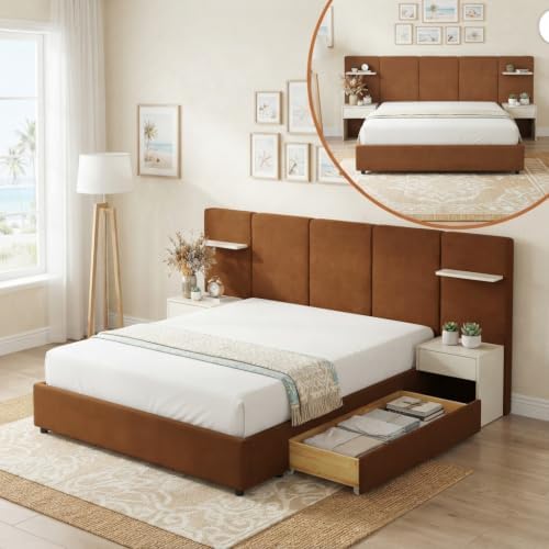 Queen Size Bed Frame with Storage & Built-in Nightstands & Drawers, Ocher