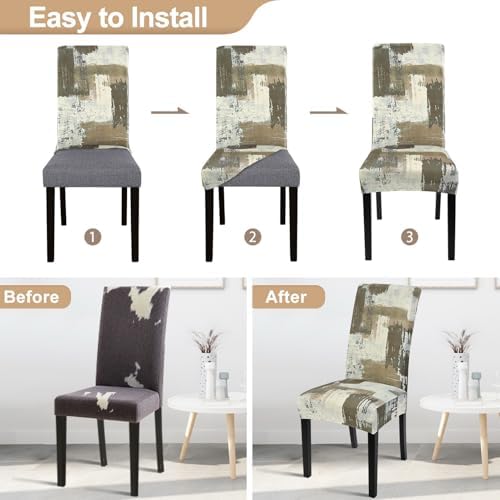 SearchI Dining Room Chair Covers Set of 4, Stretch Printed Floral Parsons Chair Slipcovers Removable Washable Kitchen Chair Protector Cover for Dining Room, Hotel, Ceremony (Brown Abstract Pattern)