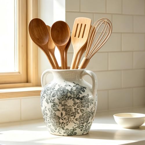 Vintage Vase with Handles, Ceramic Utensil Holder, Flower Decorative Vase Chinoiserie Decor Rustic Farmhouse Retro Floral Vases for Table Bookshelf Mantel Kitchen Living Room Office - 6.7” Gray 018