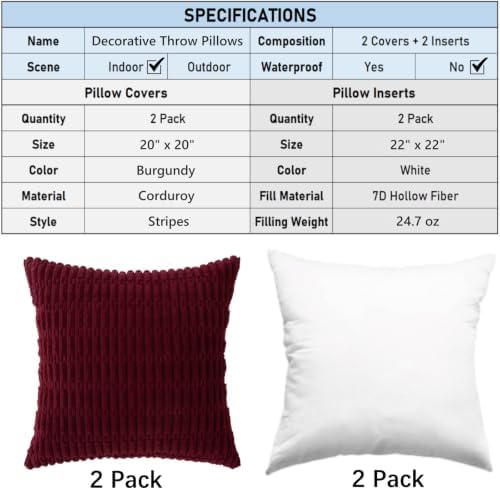 2 Pack Corduroy Decorative Throw Pillow with Inserts, 20x20 Inch Soft Boho Throw Pillow, Square Striped Throw Pillows for Couch, Bed, Sofa Decor (Burgundy)