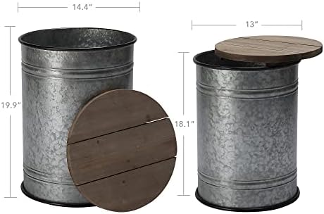 RUSTOWN Farmhouse Accent Side Table, Set of 2 Galvanized Storage Ottoman