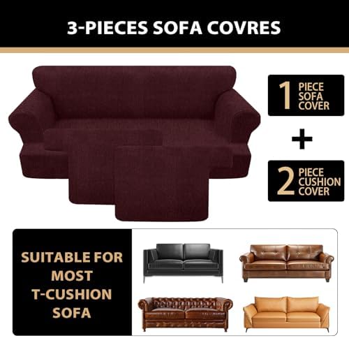 3 Pieces Sofa Covers fot T Cushion Loveseat Slipcover, Sofa Stretch Slip Covers for 2 Cushion Couch with 2 Individual T Shape Seat Covers (Burgundy, 2 Cushion)