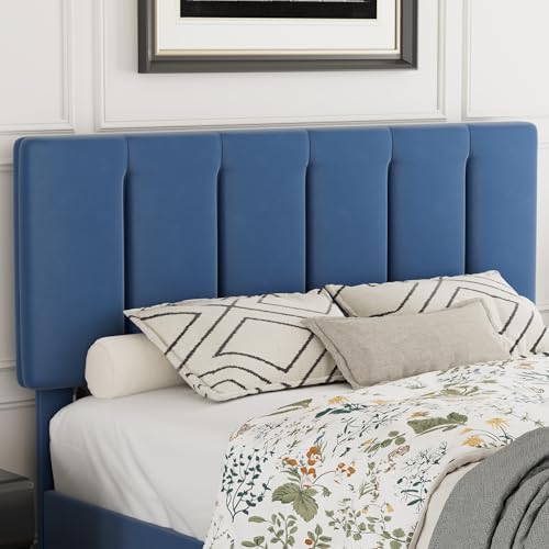 VECELO Queen Size Bed Frame with Upholstered Headboard, Dark Blue