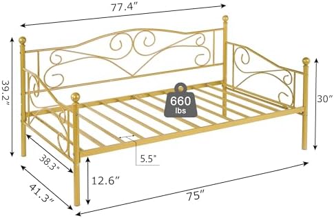VECELO Twin Size Daybed Frame Metal Sofa Bed Mattress Foundation with Headboard, Heavy-Duty Steel Slat Support for Bedroom Living/Guest Room, Easy Assembly, Gold