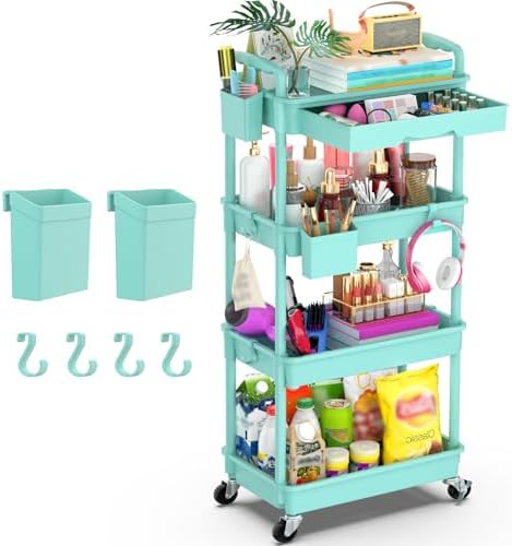 Goovilla 4 Tier Rolling Utility Cart Organizer with Removable Drawer, Blue