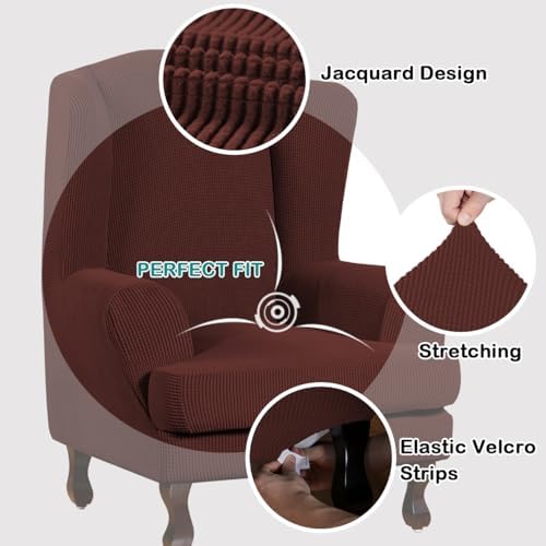 Turquoize Wingback Chair Covers 2 Piece Wing Chair Slipcover Stretch Slipcovers for Wingback Chairs Spandex Jacquard Fabric with Elastic Bottom Non-Slip Furniture Cover, Burnt Brick