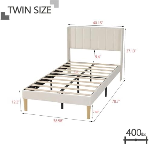 Twin Size Bed Frame with Velvet Upholstered Headboard, Beige