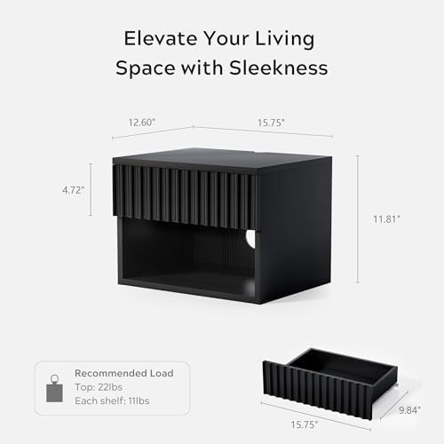 EYYTHUNG Fluted Floating Nightstand Set of 2 with Drawer, Modern Night Stand with Fluted Door and Open Storage Shelf Wall Mounted Bedside Table for Bedroom, Entryway Black