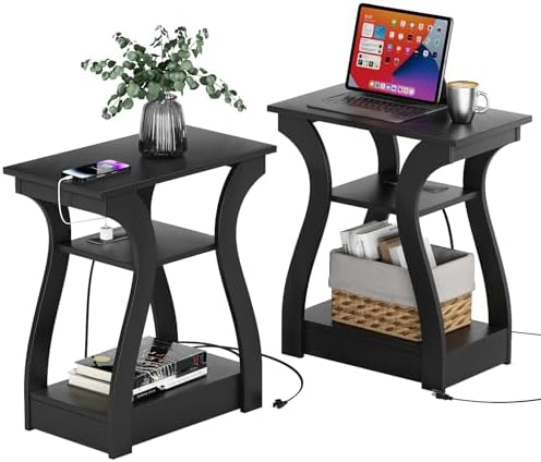 FROMJBEST End Tables Living Room Set of 2 with Charging Station, Black