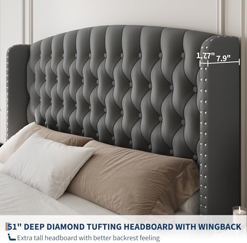 GarveeHome 51" Tall Queen Size Bed Frame with Wingback Headboard, Grey