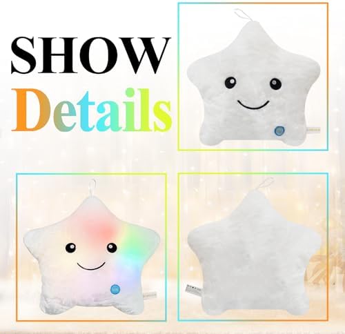 Kids Star Pillow Light Up Stuffed Animals for Girls Throw Pillows Boys Children Plushies Birthday, Cute Soft Night Plush Toy Pillow Glow Pillow Decorative Home Room Couch White