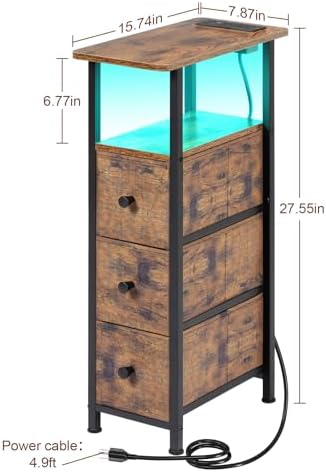 LOAKEKEL Narrow End Table with Charging Station, Small Nightstand