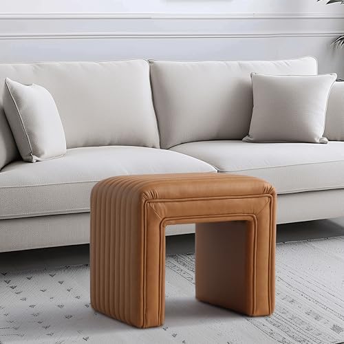 Get Set Style Vanity Stool Chair,Modern PU Leather Ottoman Foot Stool with Wooden Legs Sofa Bench Footstool Extra Seat for Vanity,Makeup Room,Living Room(Fully Assembled) (PU Brown)