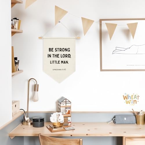 Christian Wall Decor for Classroom,Motivational Banner for Boys Bedroom Playroom, Be Strong in the Lord Little Man Bible Verse Wall Hanging Pennant Flag Banner, 15x11 Inch