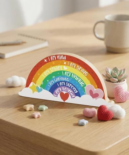 Putuo Decor Inspirational Nursery Decor, Boho Rainbow Wooden Tabletop Decor, Positive Affirmations Wooden Ornament for Room Classroom Shelf Desk Home Space