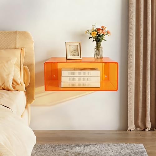 Acrylic Wall-Mounted Nightstand Floating Wall Nightstand Bedside Table Floating Side Table Wall Mounted Clear Shelf for Bedroom Bathroom (Orange)