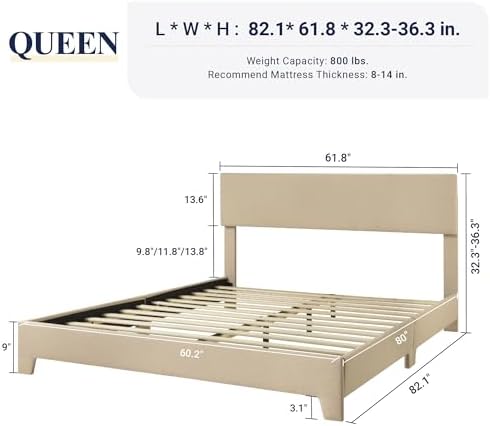 Allewie Queen Size Upholstered Bed Frame Adjustable Headboard, Beige