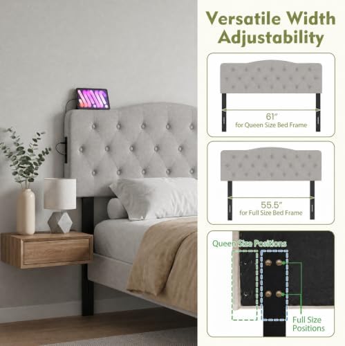KOMFOTT Modern Headboard with Charging Station for Queen & Full Bed, Gray