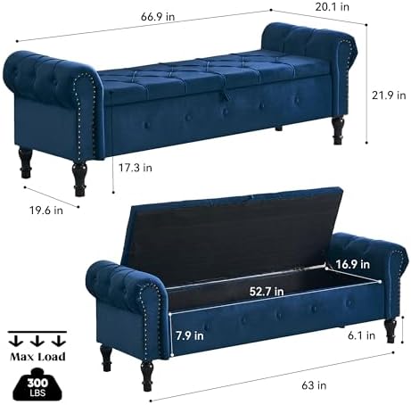 Storage Bench 67" Velvet End of Bed Benches Navy Blue