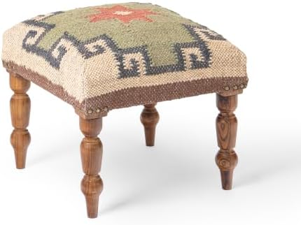 Handmade Jute Ottoman Stool with Wooden Legs | Square Upholstered Foot Rest & Accent Seating | Woven Vanity Stool for Living Room, Bedroom, Hall & Home Décor (Beige-Grey, 40X40X35 CM)