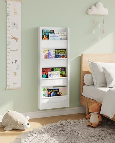 CHOEZON Wall Mounted Kids Bookshelf, 4 Tier Fabric Book Shelf for Kids Rooms, Bookshelf Organizer for Nursery, Classroom, Door Behind, Holds Books, Toys, White MCW40WB
