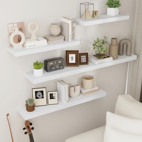 fuqing White Floating Shelves for Wall, 17 Inch Wood Wall Shelves Set of 3