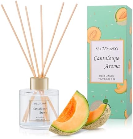 100ml Scent Diffuser with 6 Fiber Sticks, 3.5 oz Reed Diffuser Set Aromatherapy Fragrance Diffusers Air Fresheners for Home Bedroom Bathroom (Cantaloupe)