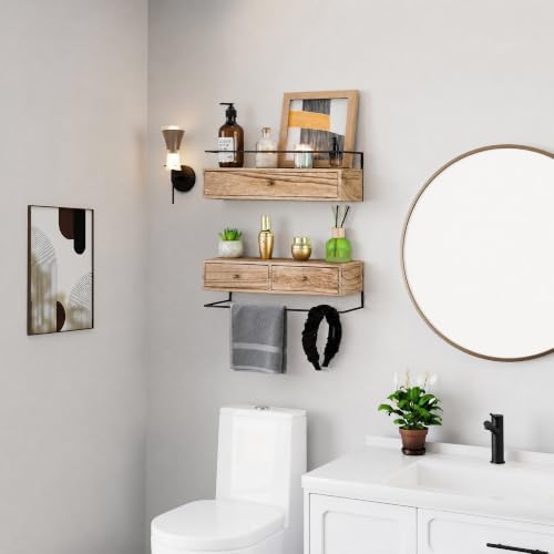 Floating Shelves With Drawers Set of 2, Wall Mounted Storage for Bathroom