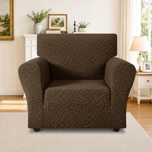 ZNSAYOTX 1 Piece Stretch Chair Cover with Arms (34"-44"), New Plaid Armchair Cover with Elastic Band for Living Room, Ultimate Soft Cozy Washable Chair Slipcover Form Fit Protector, Coffee