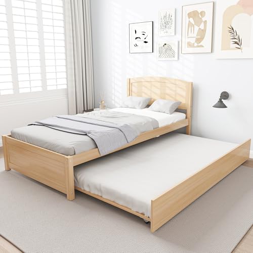 Twin Trundle Bed, Solid Wooden Pull Out Bed Frame, Extendable Day Bed with Headboard and Soild Wood Slats Support, Bedroom, Living Room, Guest Room, No Box Spring Needed (Natural)