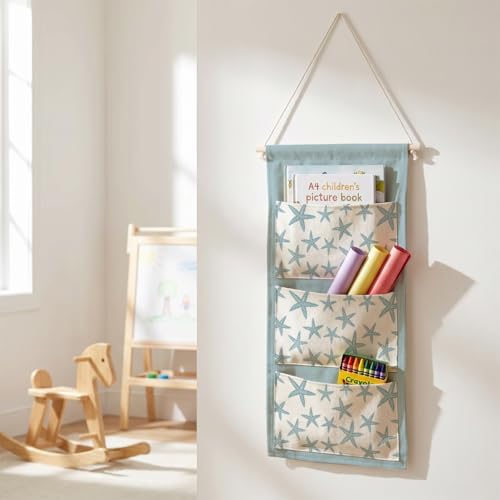 IAXIC Canvas Wall Hanging Organizer with Pockets Fish Extender Hanging Pouch Starfish Print Door Closet Organizers Fabric Storage Pockets Wall Decoration
